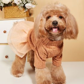 Small & Medium Dogs Solid Color Twist Knit Turtleneck Spliced Mesh Skirt; warm Dog Sweater For Winter (Color: Orange)