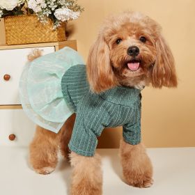 Small & Medium Dogs Solid Color Twist Knit Turtleneck Spliced Mesh Skirt; warm Dog Sweater For Winter (Color: Green)